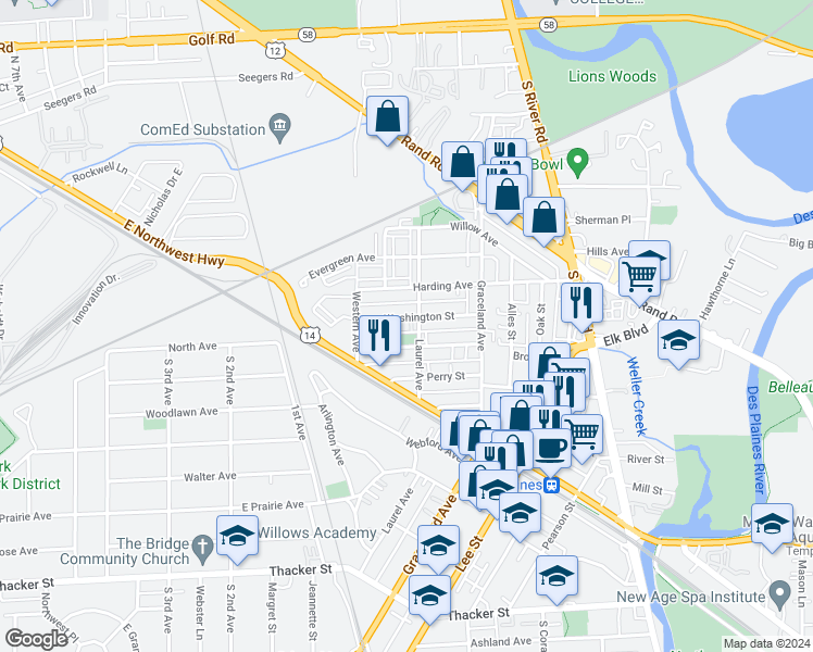 map of restaurants, bars, coffee shops, grocery stores, and more near 1264 Brown Street in Des Plaines