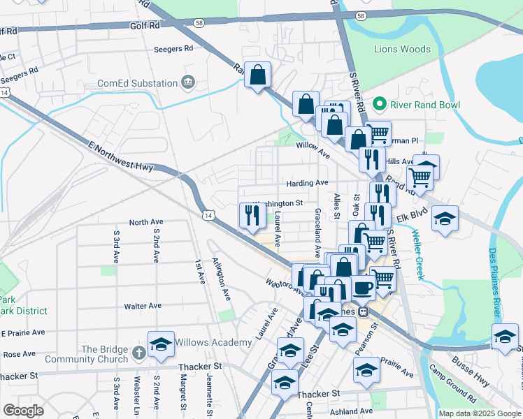 map of restaurants, bars, coffee shops, grocery stores, and more near 1264 Brown Street in Des Plaines