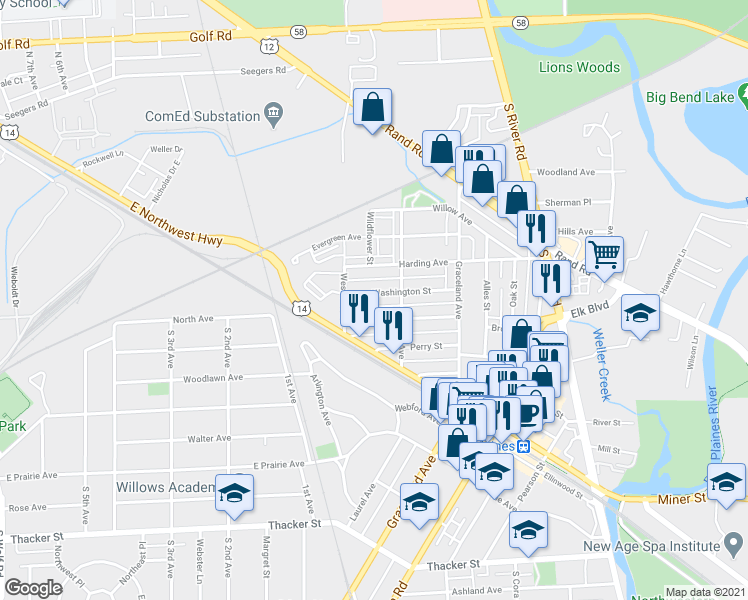 map of restaurants, bars, coffee shops, grocery stores, and more near 1264 Brown Street in Des Plaines