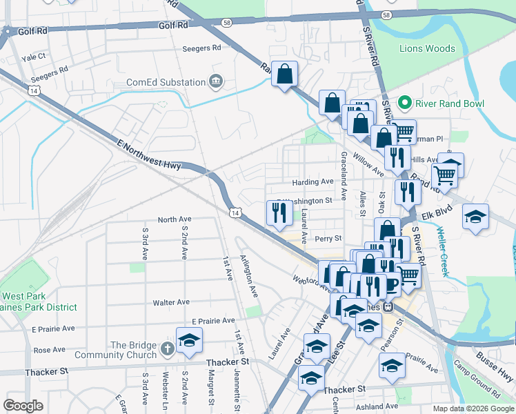 map of restaurants, bars, coffee shops, grocery stores, and more near 1214 Brown Street in Des Plaines