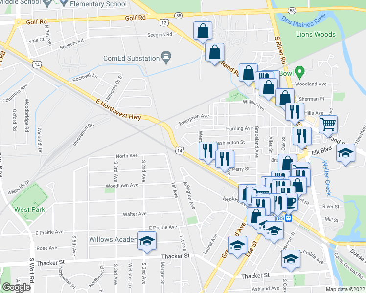 map of restaurants, bars, coffee shops, grocery stores, and more near 430 Western Avenue in Des Plaines