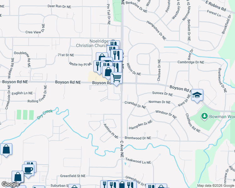 map of restaurants, bars, coffee shops, grocery stores, and more near 6723 Country Hill Road Northeast in Cedar Rapids