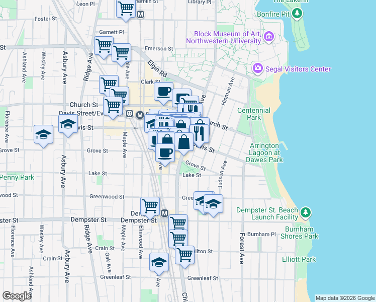 map of restaurants, bars, coffee shops, grocery stores, and more near 1515 Chicago Avenue in Evanston
