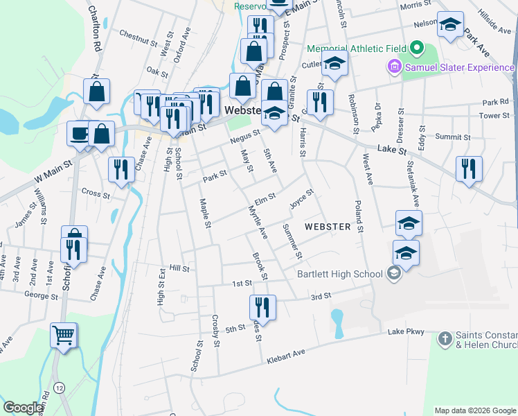 map of restaurants, bars, coffee shops, grocery stores, and more near 29 Elm Street in Webster