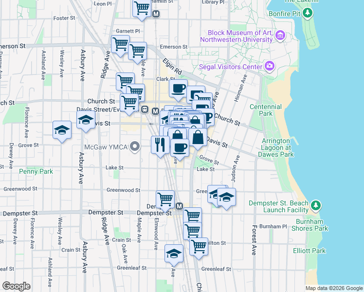 map of restaurants, bars, coffee shops, grocery stores, and more near 617 Grove Street in Evanston
