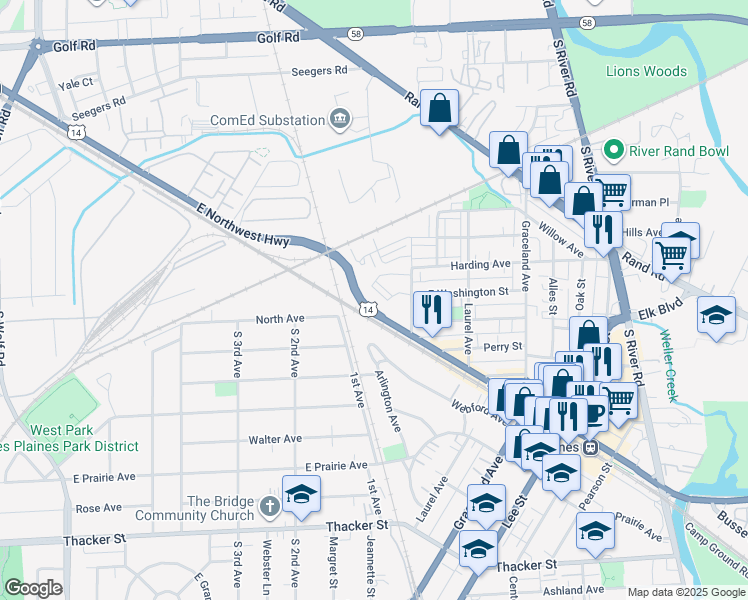 map of restaurants, bars, coffee shops, grocery stores, and more near 430 Western Avenue in Des Plaines