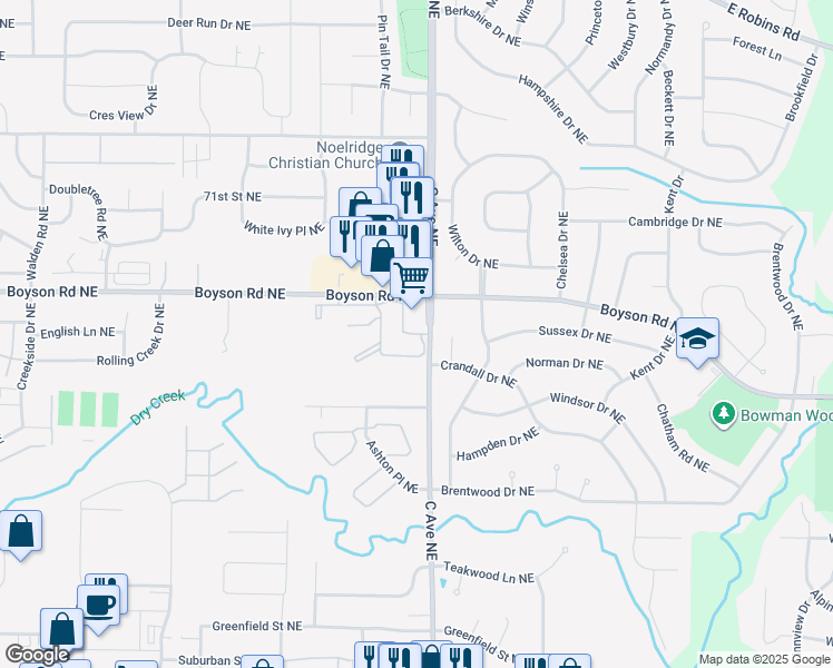 map of restaurants, bars, coffee shops, grocery stores, and more near 6741 C Avenue Northeast in Cedar Rapids