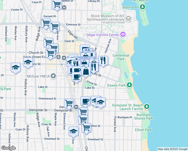 map of restaurants, bars, coffee shops, grocery stores, and more near in Evanston