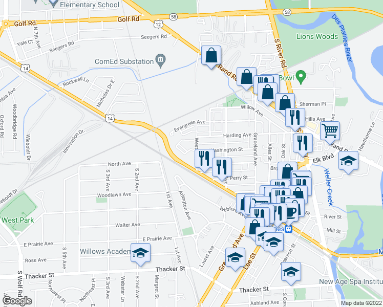 map of restaurants, bars, coffee shops, grocery stores, and more near 1214 Brown Street in Des Plaines