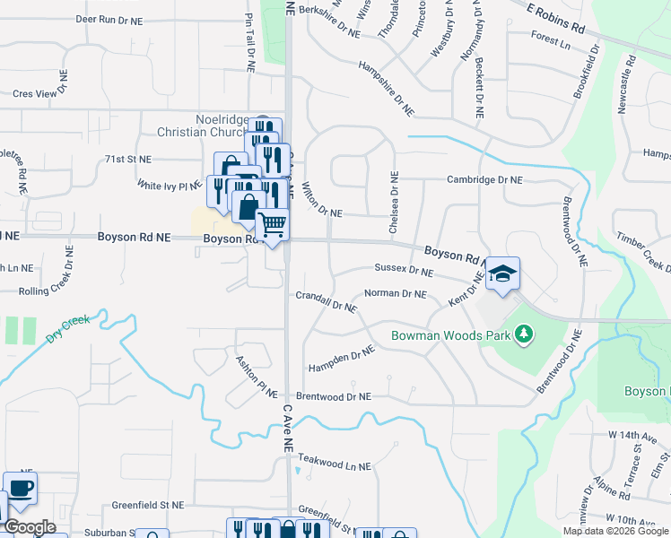 map of restaurants, bars, coffee shops, grocery stores, and more near 6800 Devonshire Drive Northeast in Cedar Rapids