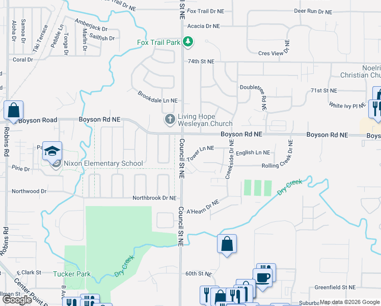 map of restaurants, bars, coffee shops, grocery stores, and more near 1450 Tower Lane Northeast in Cedar Rapids