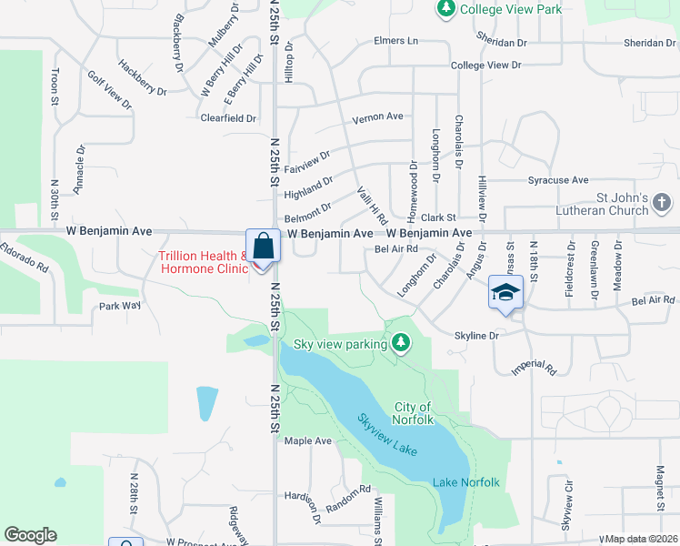 map of restaurants, bars, coffee shops, grocery stores, and more near 1201 Lodgeview Drive in Norfolk