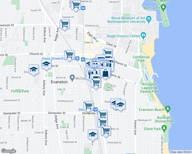 map of restaurants, bars, coffee shops, grocery stores, and more near 1555 Sherman Avenue in Evanston