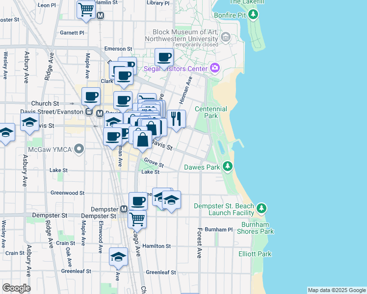 map of restaurants, bars, coffee shops, grocery stores, and more near 1518 Judson Avenue in Evanston