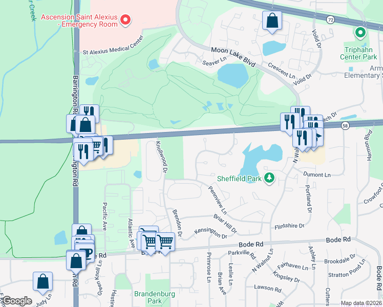 map of restaurants, bars, coffee shops, grocery stores, and more near 2307 Birdsong Court in Schaumburg