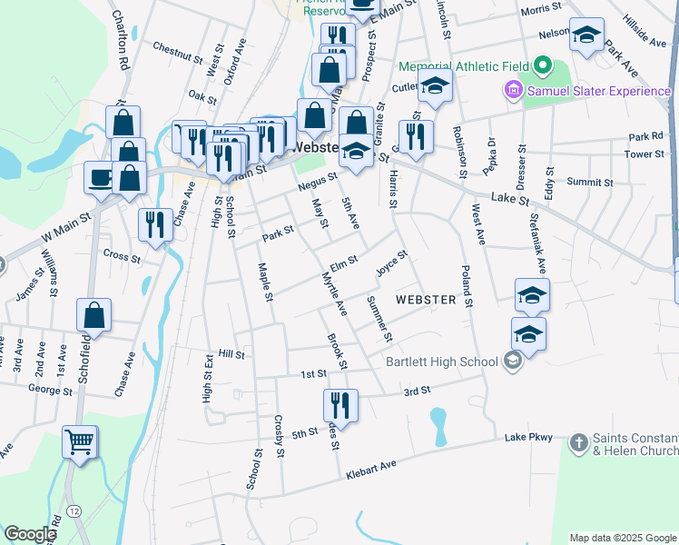 map of restaurants, bars, coffee shops, grocery stores, and more near 55 Myrtle Avenue in Webster