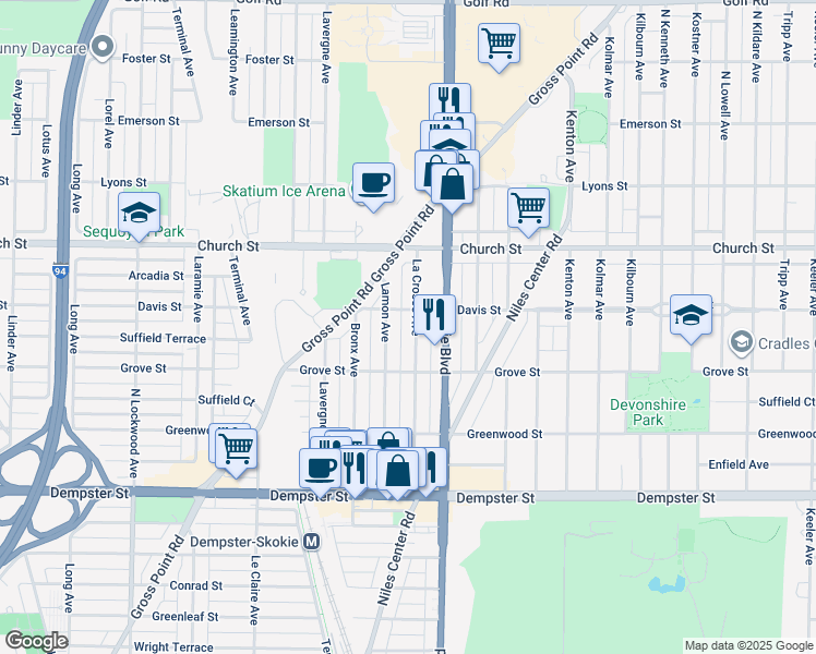 map of restaurants, bars, coffee shops, grocery stores, and more near 9016 La Crosse Avenue in Skokie