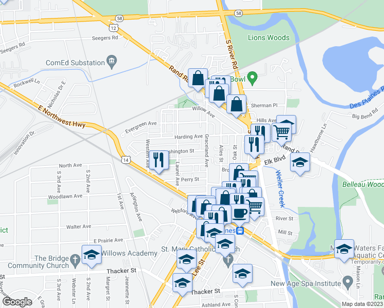 map of restaurants, bars, coffee shops, grocery stores, and more near 1336 Brown Street in Des Plaines