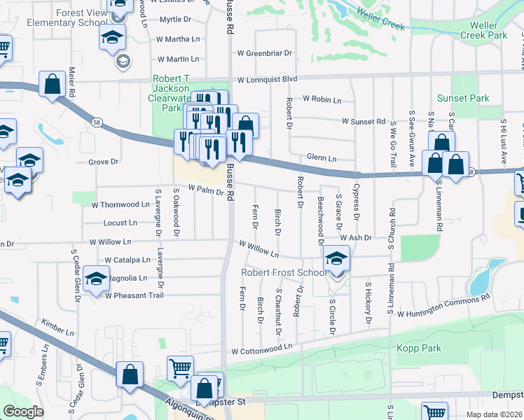 map of restaurants, bars, coffee shops, grocery stores, and more near 1201 Fern Drive in Mount Prospect