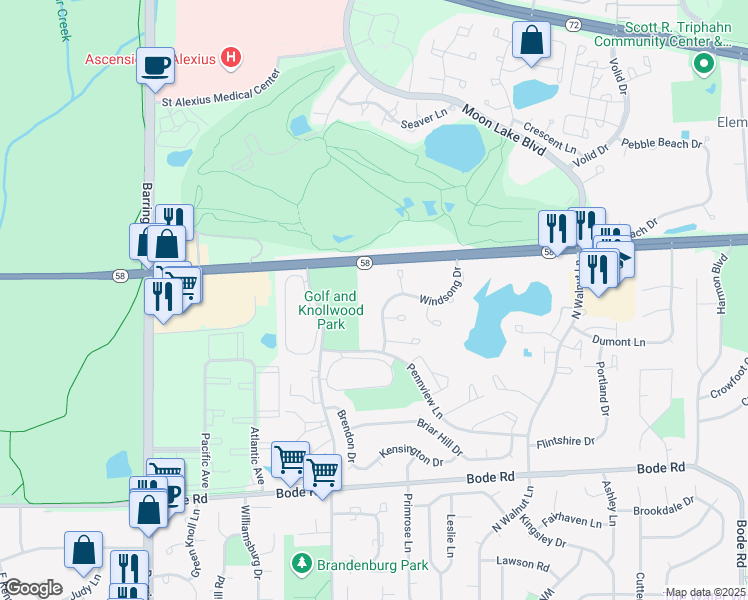 map of restaurants, bars, coffee shops, grocery stores, and more near 2307 Birdsong Court in Schaumburg