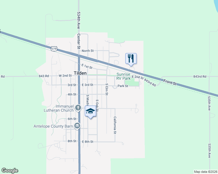 map of restaurants, bars, coffee shops, grocery stores, and more near 311 South Elm Street in Tilden