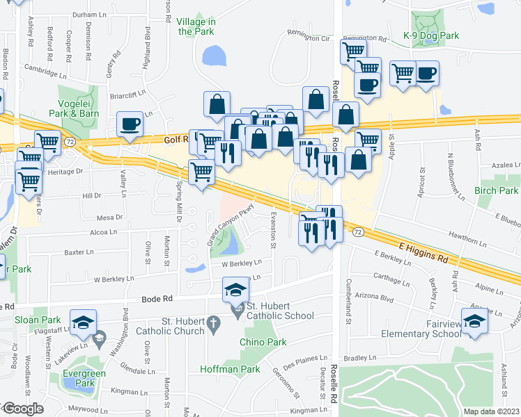 map of restaurants, bars, coffee shops, grocery stores, and more near 985 Grand Canyon Parkway in Hoffman Estates