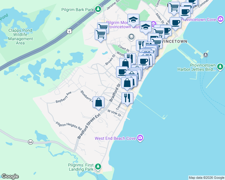 map of restaurants, bars, coffee shops, grocery stores, and more near 17 Cottage Street in Provincetown