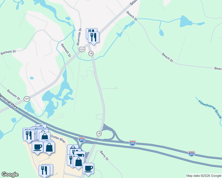 map of restaurants, bars, coffee shops, grocery stores, and more near 795U-B South Street in Wrentham