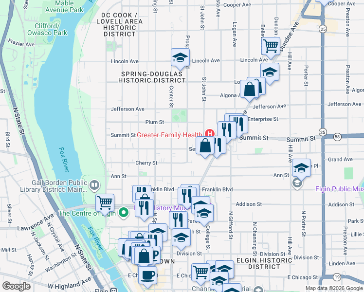 map of restaurants, bars, coffee shops, grocery stores, and more near 411 Prospect Boulevard in Elgin