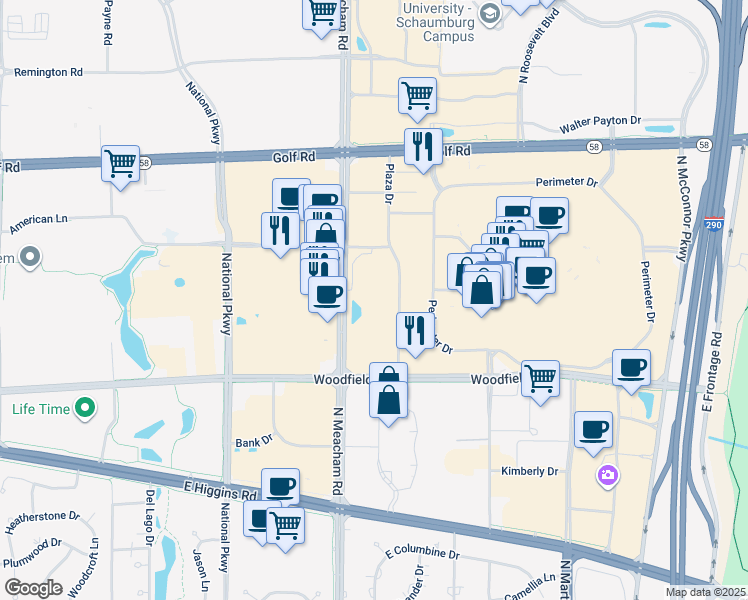 map of restaurants, bars, coffee shops, grocery stores, and more near 1400-1450 American Lane in Schaumburg