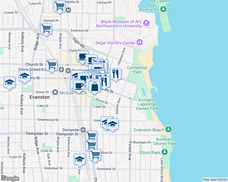 map of restaurants, bars, coffee shops, grocery stores, and more near 425 Davis Street in Evanston