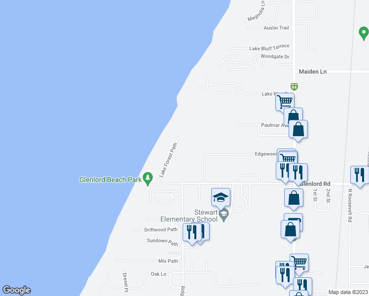 map of restaurants, bars, coffee shops, grocery stores, and more near 3975 Lake Forest Path in Stevensville