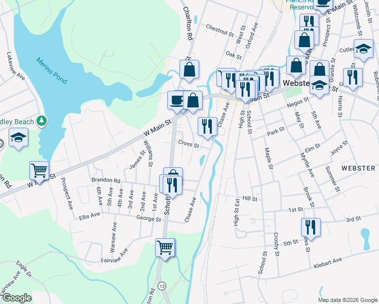 map of restaurants, bars, coffee shops, grocery stores, and more near 28 Central Avenue in Dudley
