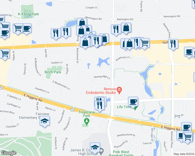 map of restaurants, bars, coffee shops, grocery stores, and more near 724 Newbury Lane in Schaumburg