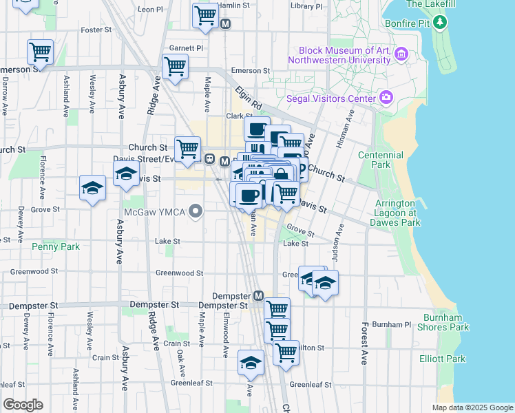 map of restaurants, bars, coffee shops, grocery stores, and more near 626 Davis Street in Evanston