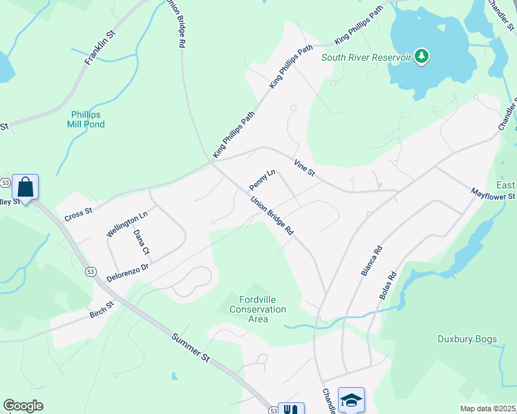 map of restaurants, bars, coffee shops, grocery stores, and more near 141 Union Bridge Road in Duxbury