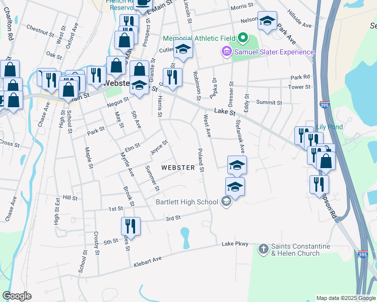 map of restaurants, bars, coffee shops, grocery stores, and more near 26 Poland Street in Webster