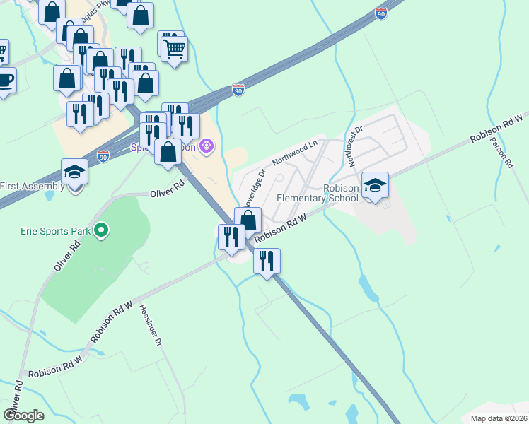 map of restaurants, bars, coffee shops, grocery stores, and more near 8100-8246 Willow Glen in Erie
