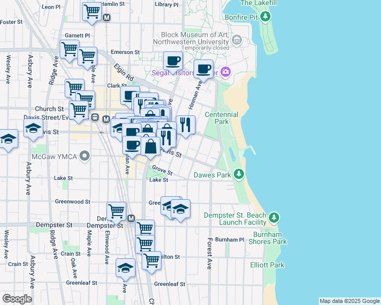map of restaurants, bars, coffee shops, grocery stores, and more near 1625 Hinman Avenue in Evanston