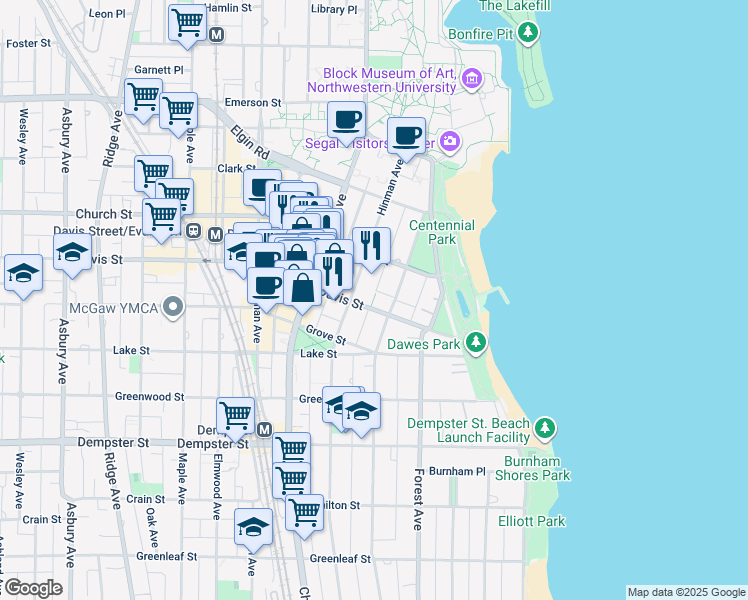 map of restaurants, bars, coffee shops, grocery stores, and more near 1625 Hinman Avenue in Evanston
