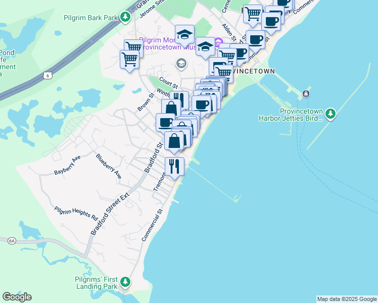 map of restaurants, bars, coffee shops, grocery stores, and more near 149 Commercial Street in Provincetown