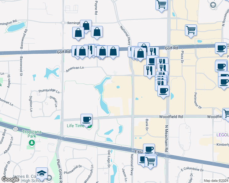 map of restaurants, bars, coffee shops, grocery stores, and more near 1061 American Lane in Schaumburg