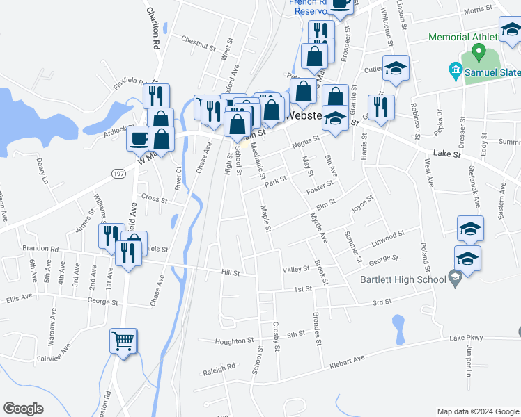 map of restaurants, bars, coffee shops, grocery stores, and more near 10 Maple Street in Webster