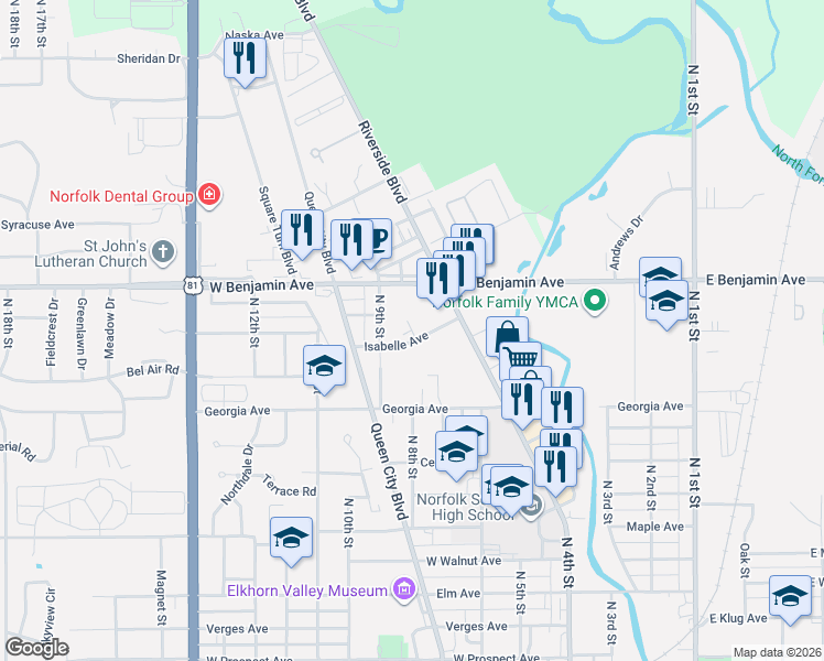 map of restaurants, bars, coffee shops, grocery stores, and more near 1205 Riverside Boulevard in Norfolk