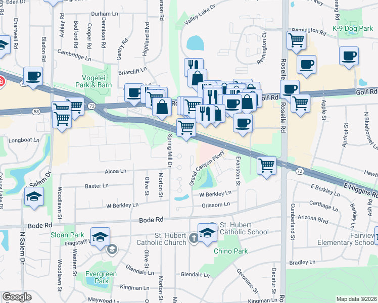 map of restaurants, bars, coffee shops, grocery stores, and more near 375 West Higgins Road in Hoffman Estates