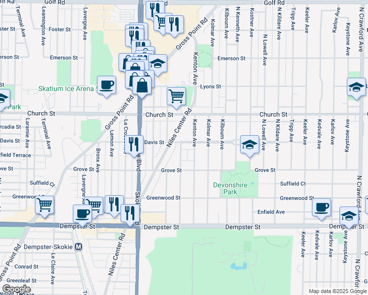 map of restaurants, bars, coffee shops, grocery stores, and more near 4608 Davis Street in Skokie