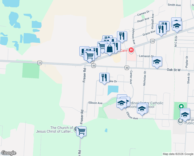 map of restaurants, bars, coffee shops, grocery stores, and more near 162 Oak Street West in Essex County