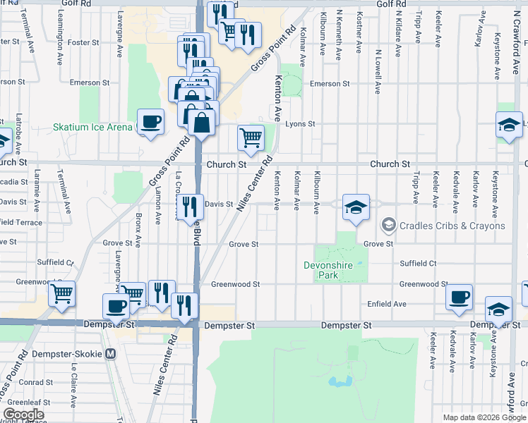 map of restaurants, bars, coffee shops, grocery stores, and more near 4625 Davis Street in Skokie