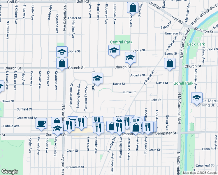 map of restaurants, bars, coffee shops, grocery stores, and more near 3705 Davis Street in Skokie