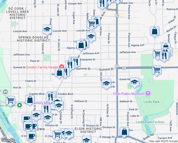 map of restaurants, bars, coffee shops, grocery stores, and more near 474 Summit Street in Elgin